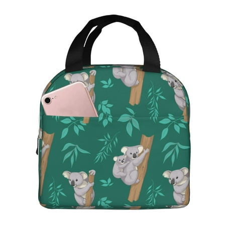 Insulated Lunch Bag for Women Men - Green Leaf Gray Koala Print Leakproof Cooler Lunch Box for Women Men  Lunch Tote Bags for Work School Picnic Travel