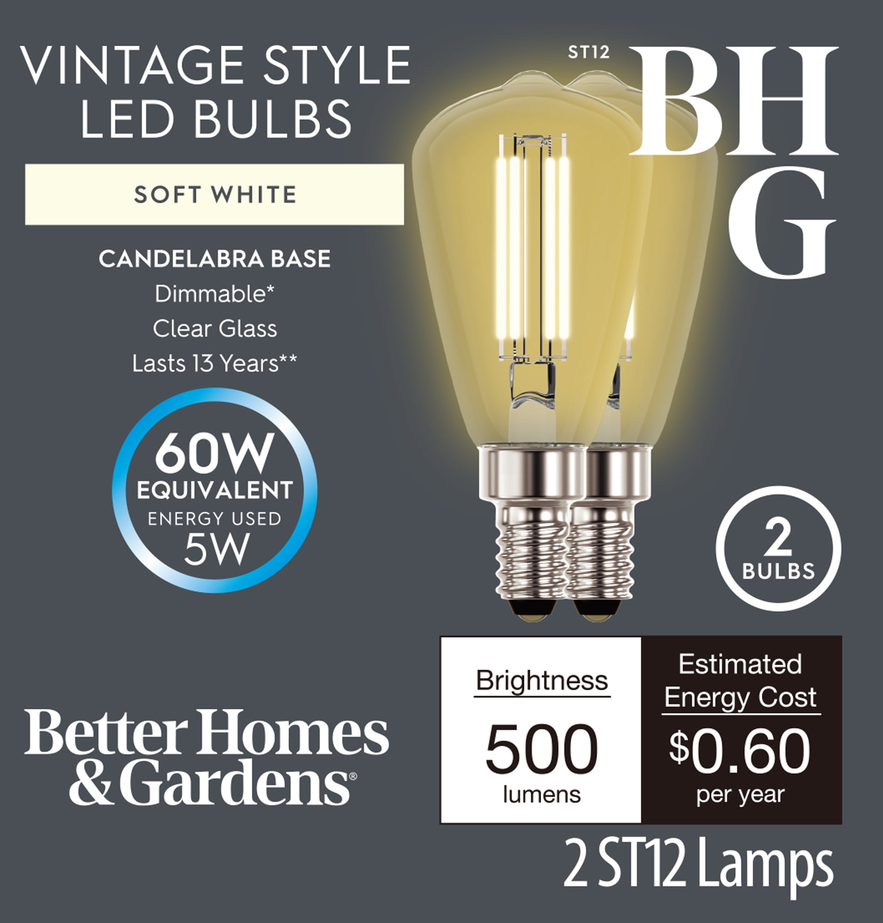 (2 pack) Better Homes & Gardens ST12 LED Light Bulb, 5-Watt (60W Equiv.) Soft White Dimmable E12 Base, 2PK CA