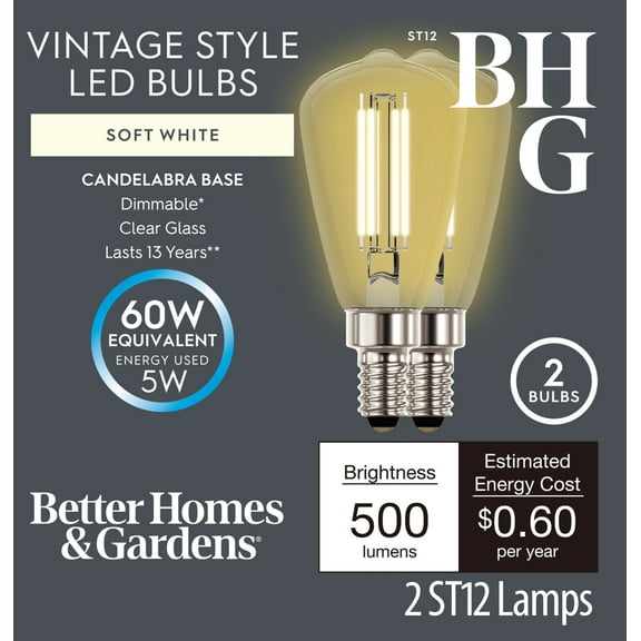 Better Homes & Gardens LED Vintage Style Light Bulb, ST12 60W Soft White Classic Filament, Candelabra Base, Dimmable, 2 pack CA