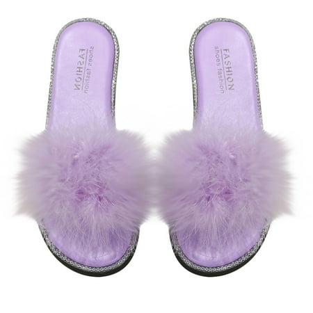 

Kukoosong Womens Sanndalss Summer Fashion Colour Feather Slippers Round Toe Flat Casual Slippers Flat Sandals for Women Purple 40