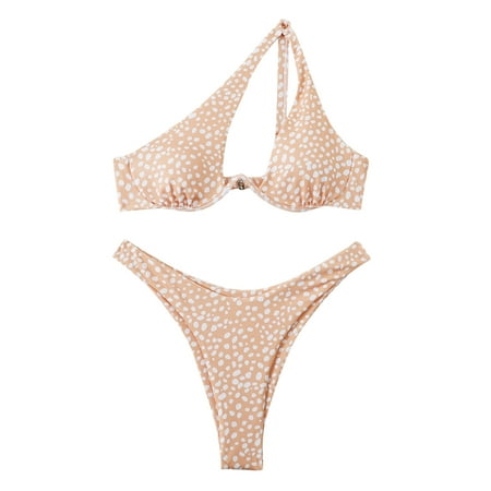 Jjayotai No Boundaries Womens One Shoulder Bikini  Dot Print High Waisted Cheeky Thong Swimwear  Two Pieces Bathing Suit  Women s Swimsuits 2025 Beige~ S