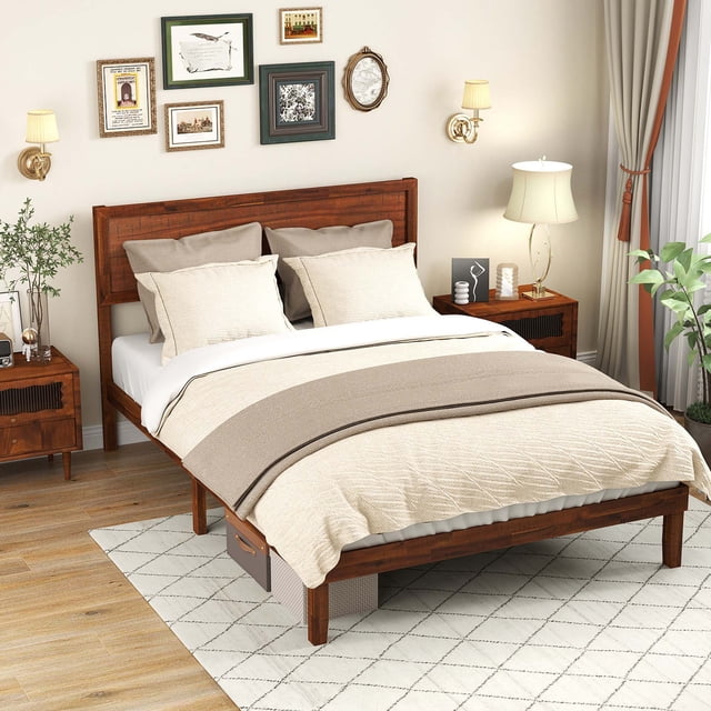 Gymax Cadre de Lit Double avec Tête de Lit Rustique, Espace de Rangement sous le Lit, Aucun Sommier Requis