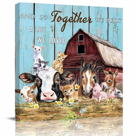Framed Canvas Wall Art for Living Room Farm Animal Wall Decor, Barn Horse Pig Cow Teal Aesthetic Paintings for Bedroom Office Kitchen Bathroom, Ready to Hang Artwork Wall Pictures 8x8 Inch
