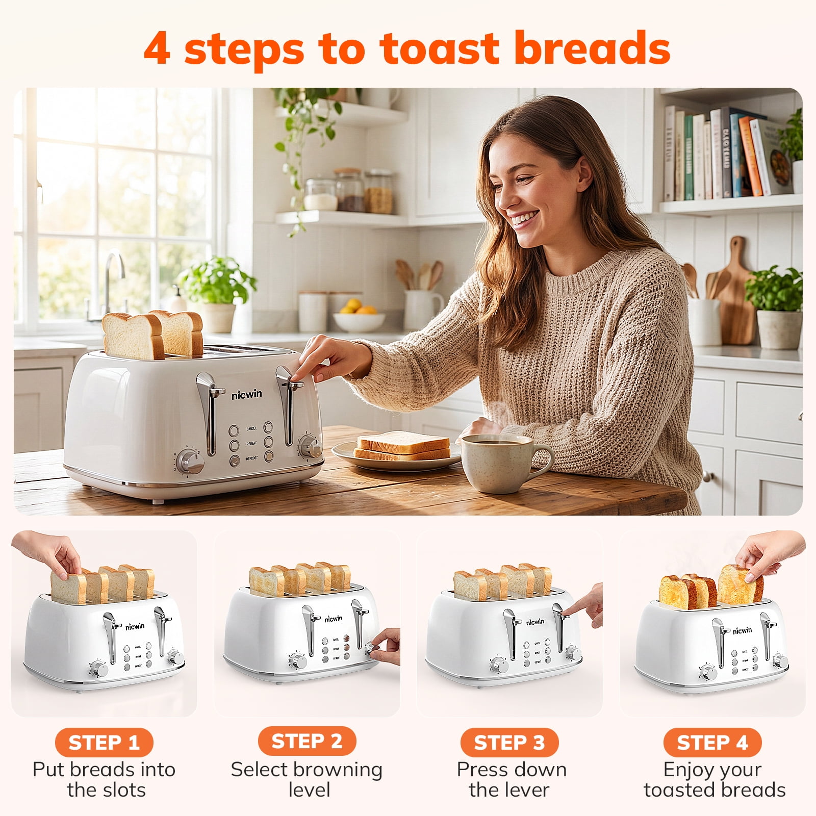 NICWIN 4 Slice Toaster, Extra Wide Slots Bread Toaster, Toast Shade Selector, Defrost & Reheat Functions for Kitchen Apartment Essentials, White