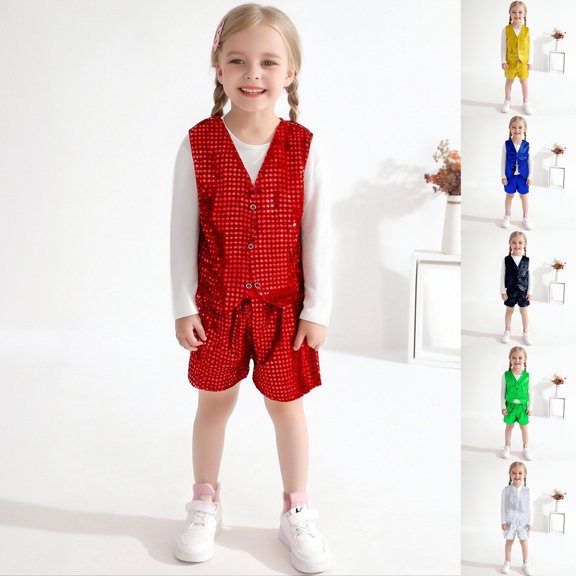 Girls Outfits Glitter Vest with Shorts Party Dress Lightweight Comfortable Kids Two Piece Sets Black 3-4 Y