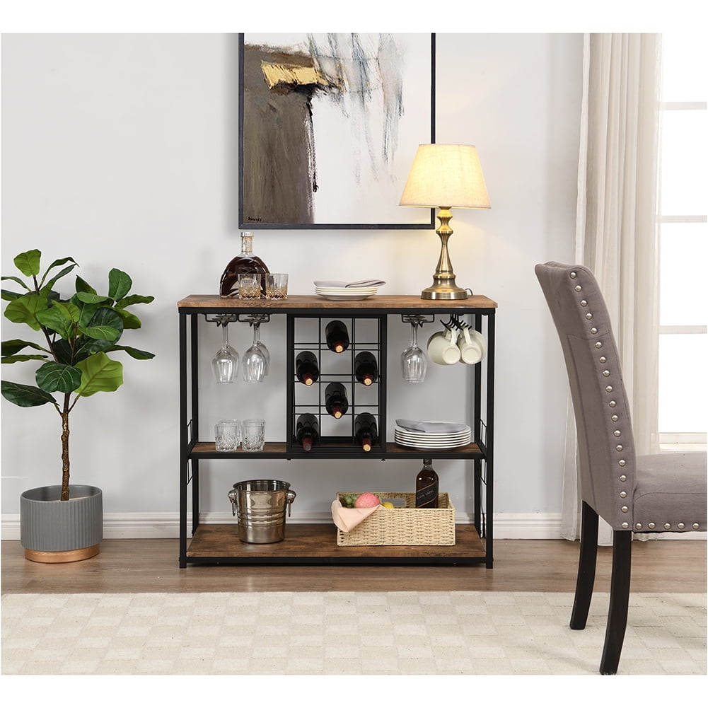 Private Jungle Industrial Wine Rack Table with Glass Holder, Wine Bar Cabinet with Storage,Brown