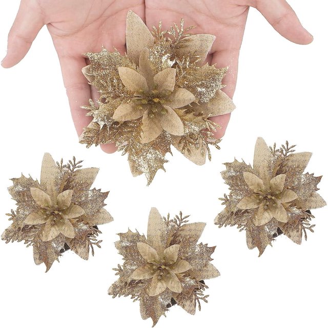 Heytea 16 piezas de 4,7 pulgadas de flores de Pascua de Navidad con purpurina artificial, adornos para árbol de Navidad, coronas de árbol de Navidad, guirnaldas, decoraciones n