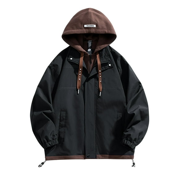 Gpaecead Military Jackets Men's Long Sleeved Hooded Zipper Cardigan Fake Two Piece Workwear Jacket Black