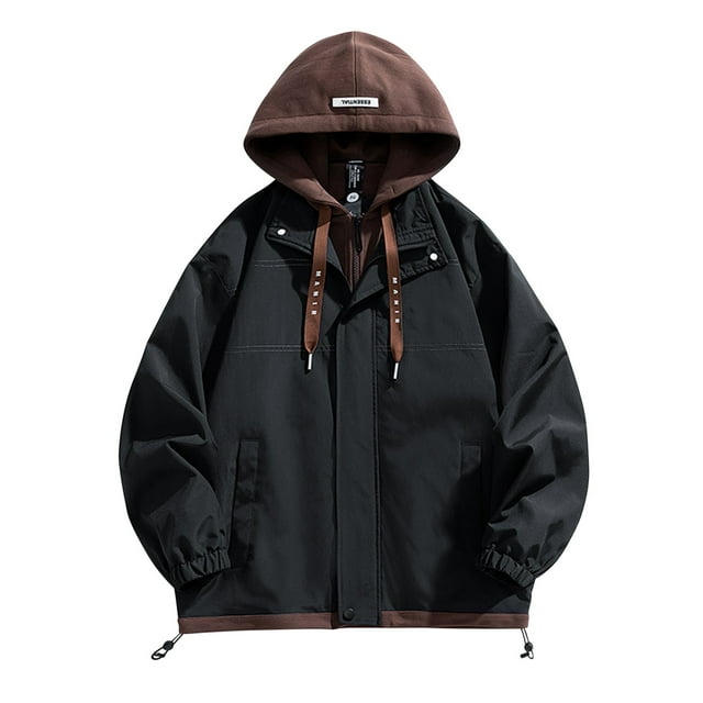 WRKEKC Men's Work Jacket Hooded Utility Cardigan with Faux Two-Piece Design and Zipper Pockets for Durable Casual and Functional Wear in Solid Color Black L