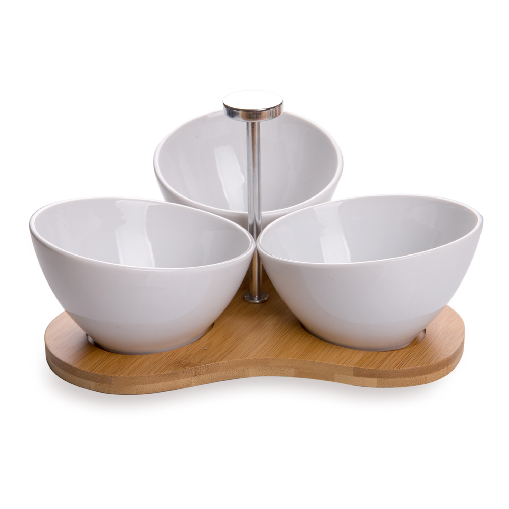 15 oz Rectangle White Porcelain Incline Bowl Set 3 Bowls, Bamboo Tray