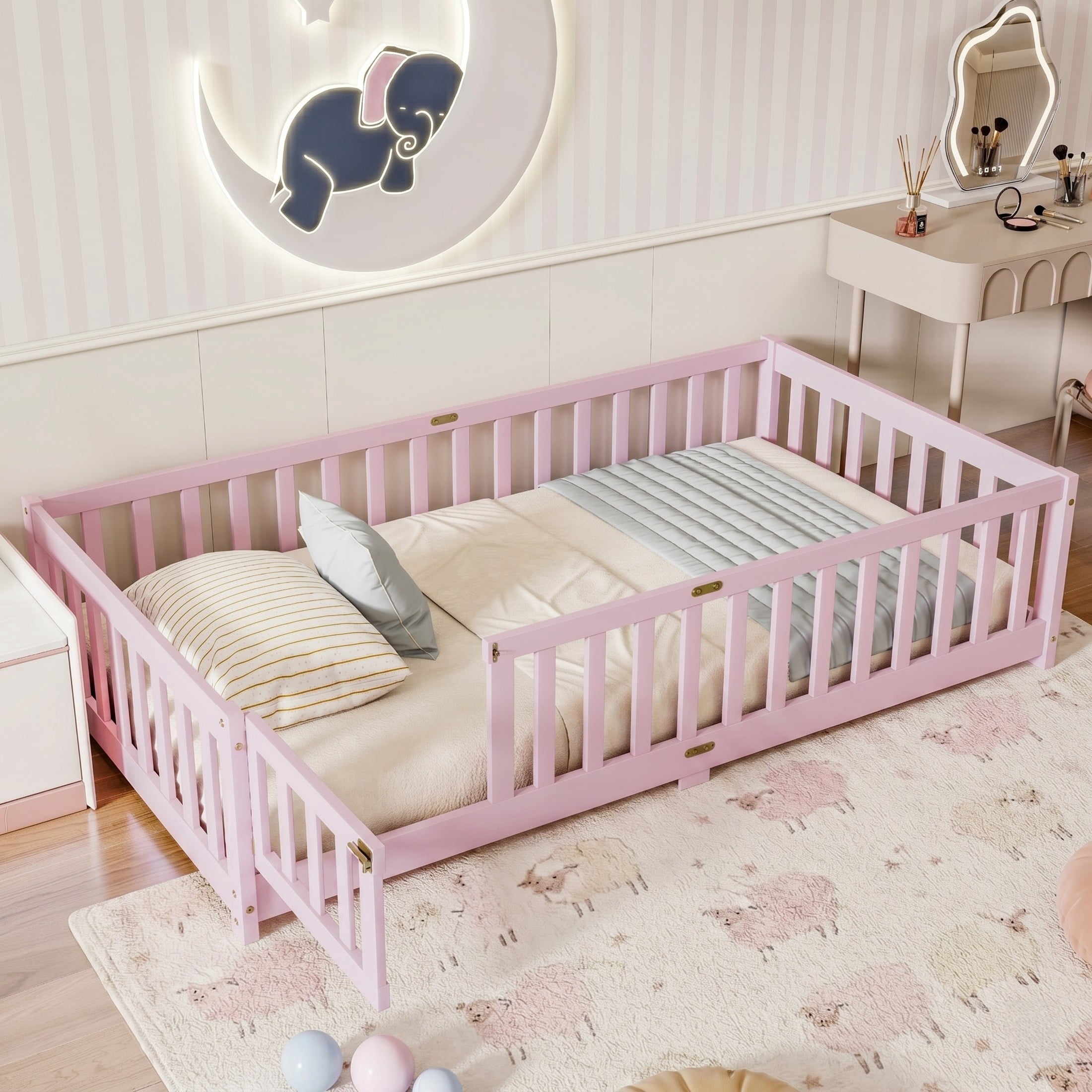 Noble House Corvel Twin Size Rubber Wooden Floor Bed with Safety Guardrails & Latching Fence Door, Pink