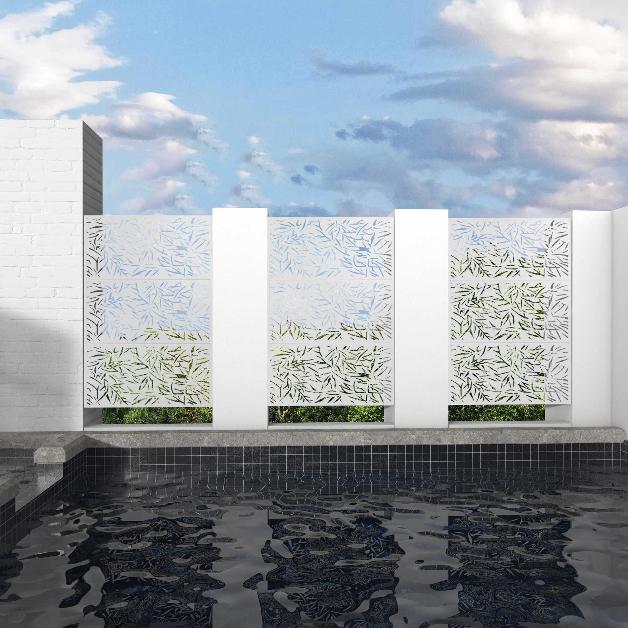MAYEERTY 72×47" Outdoor White Metal Privacy Panel Screen for Backyard & Garden, Bamboo Leaf Pattern