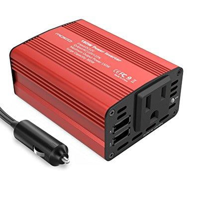 moko 150w car power inverter, [2 usb ports + 1 ac outlet] dc 12v to 110v ac converter adapter aluminum alloy battery charger for laptop, tablet, smartphone, camera