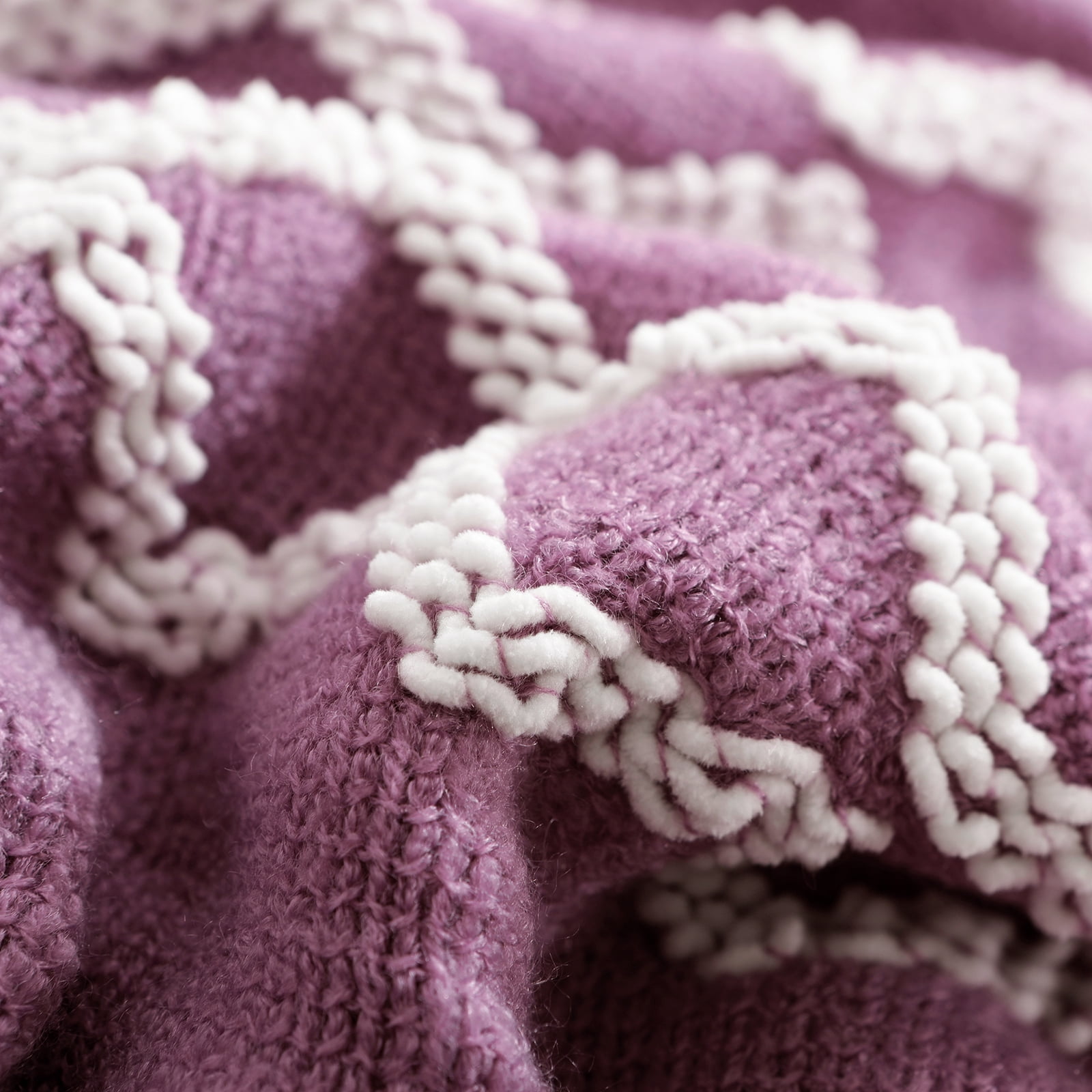 Bourina Fluffy Chenille Knitted Fringe Throw Blanket, Lightweight Soft Cozy Bed Sofa Chair Blanket, Deep Purple, 50" x 60"For Adults