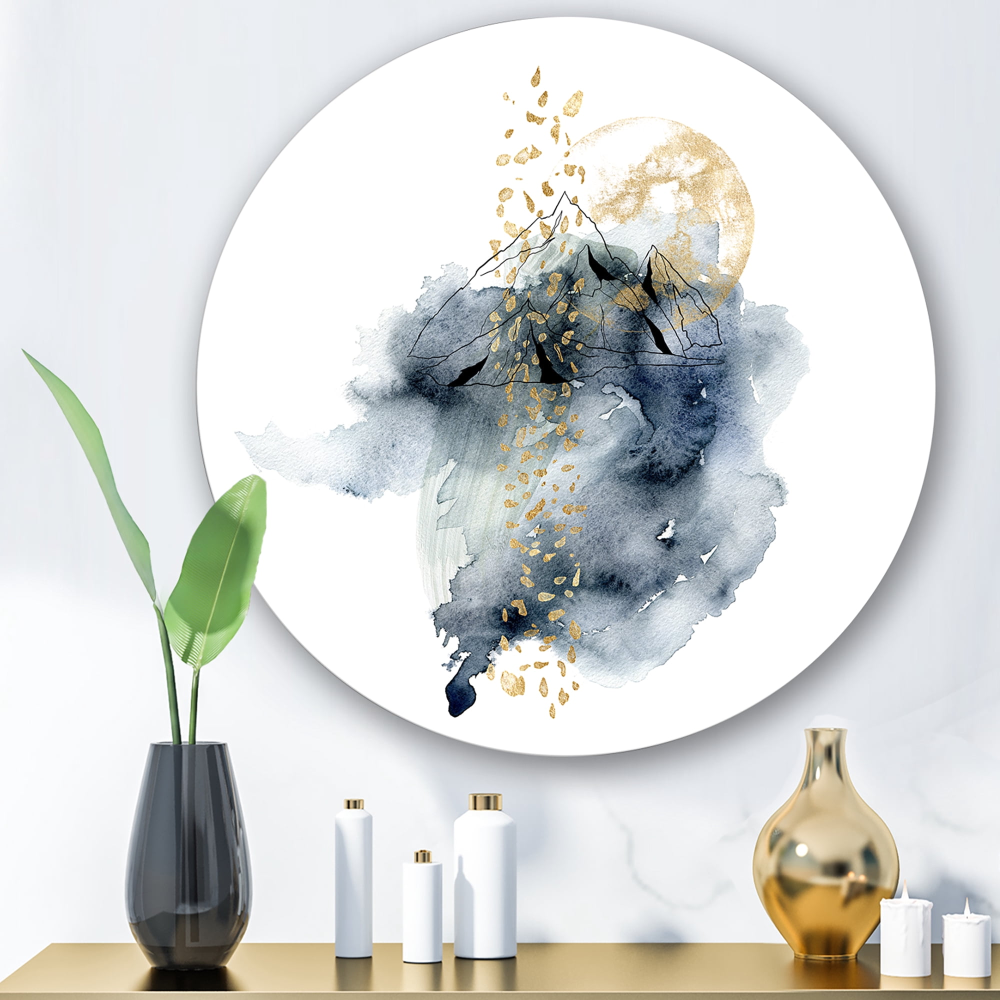 Designart 'Minimalistic Landscape of Moon With Mountains' Modern Circle Metal Wall Art 11x11 - Disc of 11