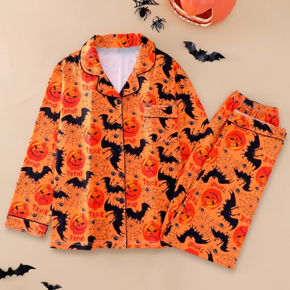 FASHOFT Satin Pajamas for Women Set Long Sleeve Button Down Bat Graphic Sleepwear 2 Piece Nightwear Womens Halloween Pjs Sets Orange L