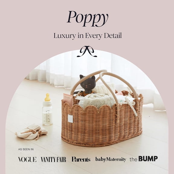 Premium Baby Diaper Caddy Organizer - Handmade & Award-Winning Scalloped Rattan Basket - Luxury Diaper Caddy Basket - Elegant Scalloped Edge (Mocca)