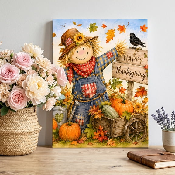 Happy Thanksgiving Canvas Wall Art, Fall Harvest Orange Maple Leaf Pumpkin Sunflowers Framed Canvas Wall Decor Picture Print Artwork Decorations for Living Room Office Ready to Hang 12" x 8"