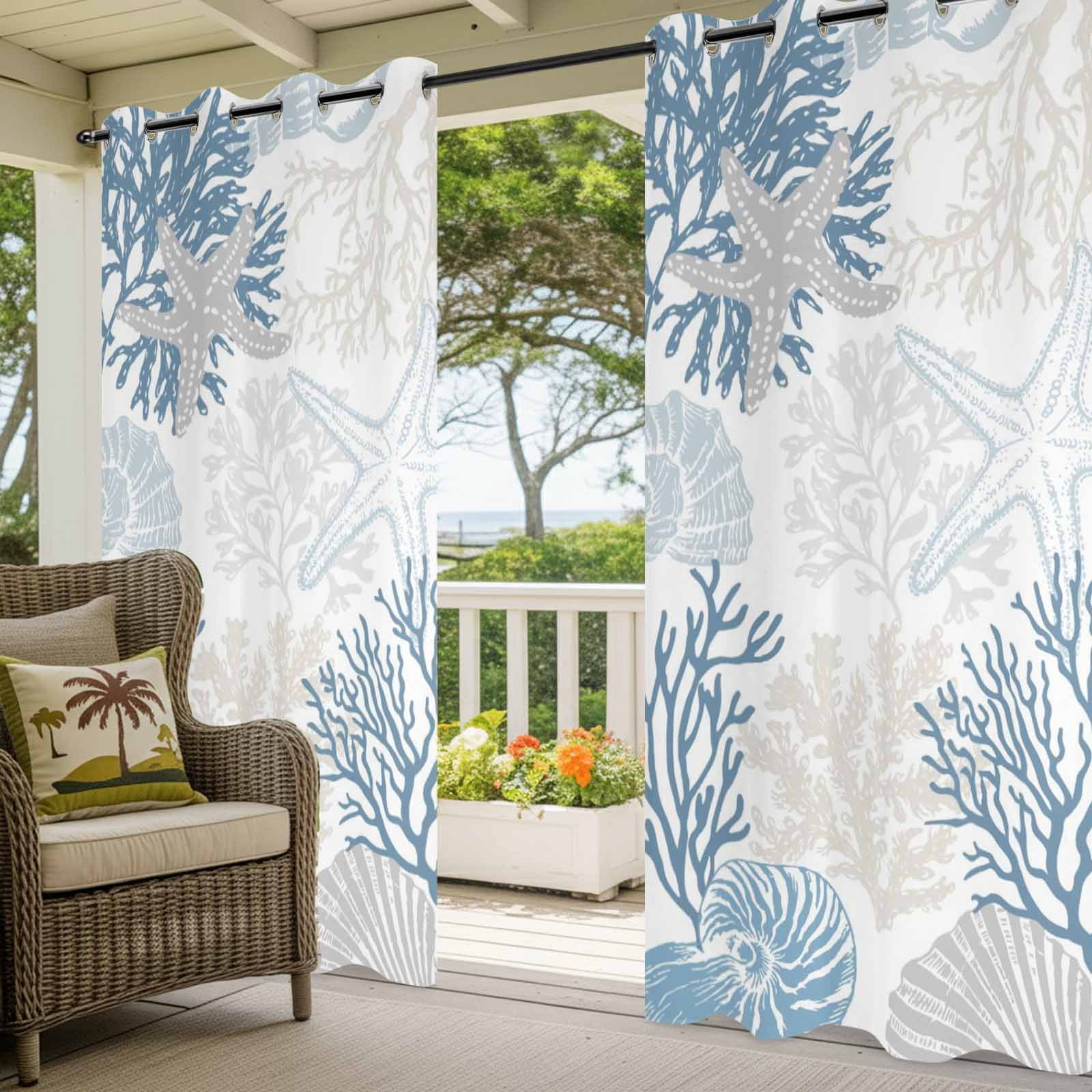 Summer Marine Life Outdoor Curtains for Patio, Graffiti Corals Gray Shell Sea Conch Starfish Sunshade Privacy Drapes Grommet Waterproof Outside Curtains for Porch/Cabana/Balcony 54"x 108", 1 Panel