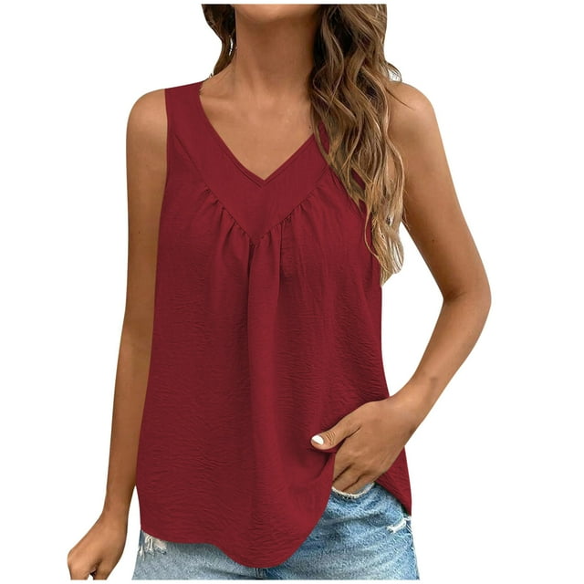 Karight Women's Summer Sleeveless Tanks Gym V Neck Shirts Casual Loose Fit Going Out Tank Tops Pleated Curve Hem Blouses