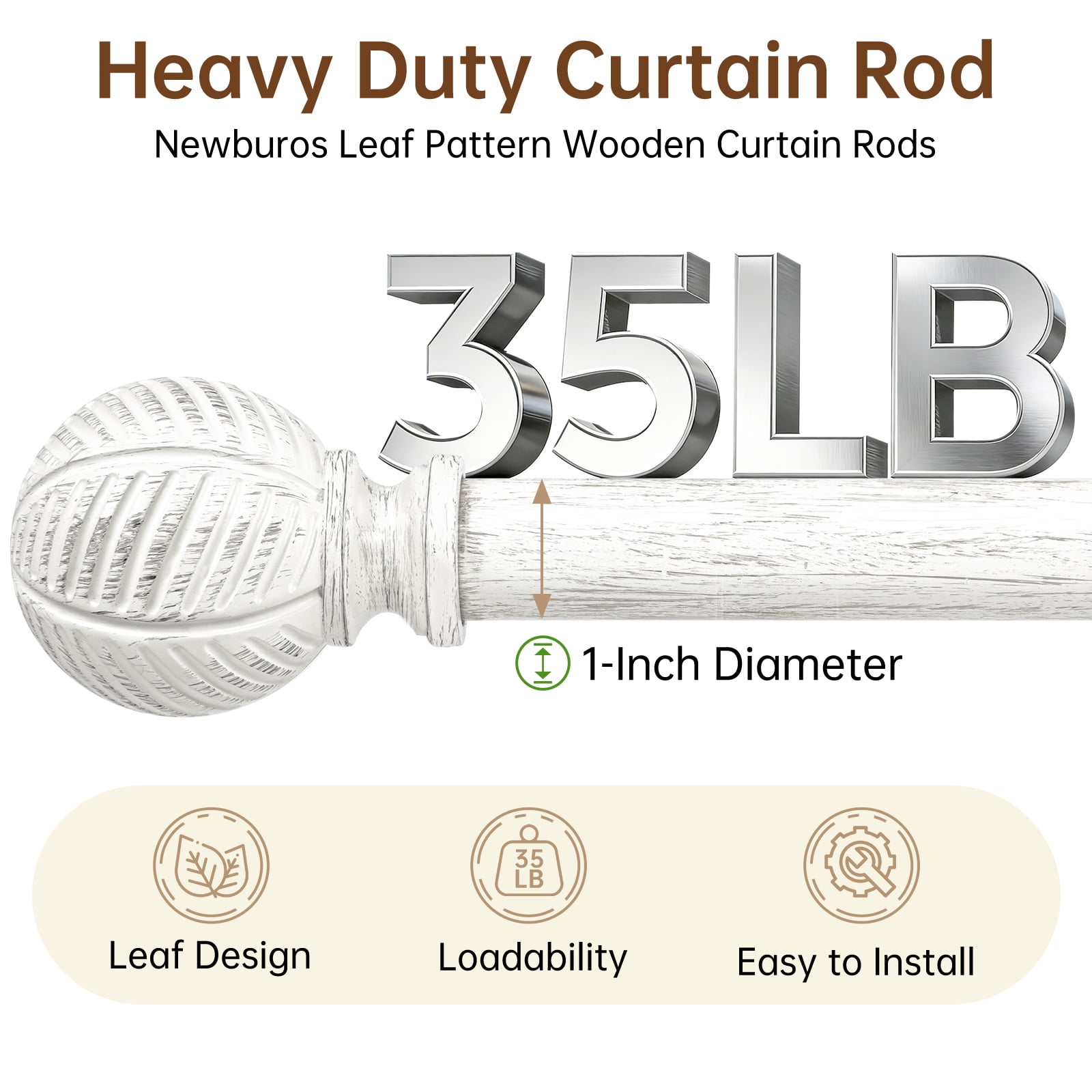 NewBuros Adjustable Wood Curtain Rod, 32 to 86 Inch, 1" Diameter Heavy-Duty Indoor Curtain Rod, Sturdy Rust-Proof with Wood Grain Leaf Pattern, White