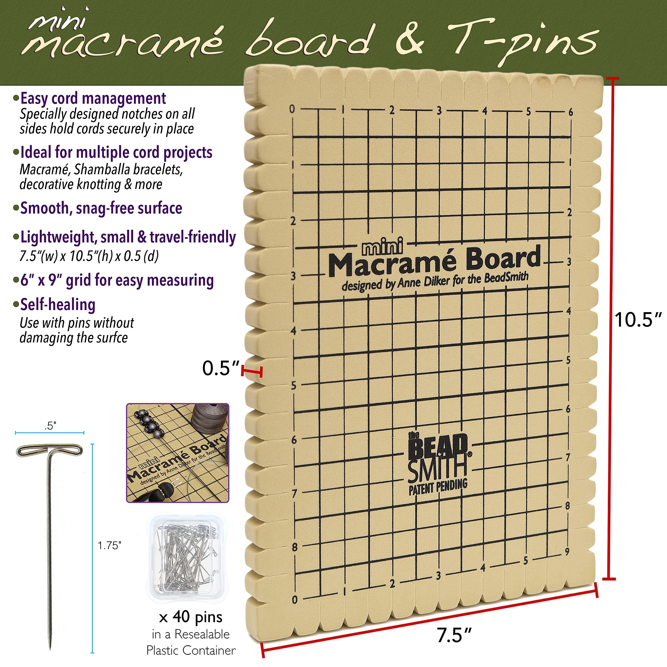 The Beadsmith Mini Macrame Combo - Bead Board 7.5 x 10.5 inches - Box of 40 T-pins 1.75 inches - Bracelet Project & Instructions Included - For securing & creating Macrame and Knotting Creations