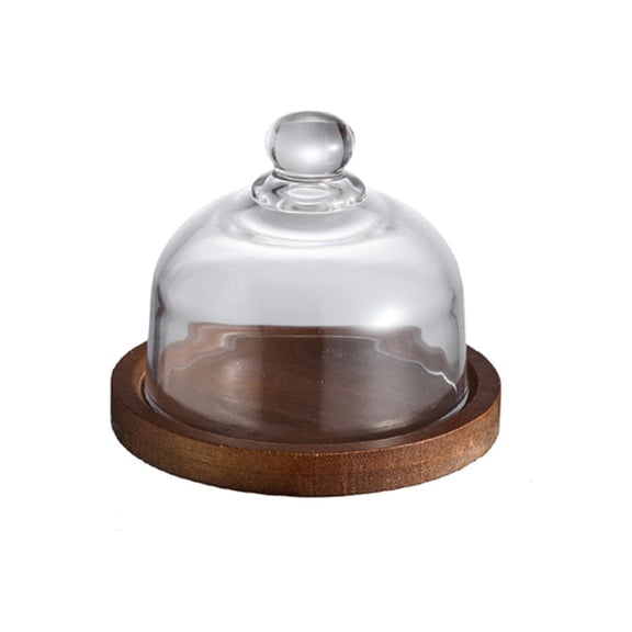 4"Clear Wooden Acrylic Dessert Dome with Base, Decorative Cake Tray with Dome Cover Lid, Cake Fruit Display Server Tray for Kitchen, Birthday, Weddings, Appetizer Dessert, Cheese Platter
