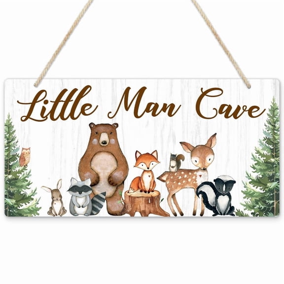 Uflashmi Wood Liitle Man Cave Sign, Woodland Animal Nursery Wall Decor for Baby Boys Room, Woodland Theme Nursey Room Decor for Toddler Boy, 12”x6”