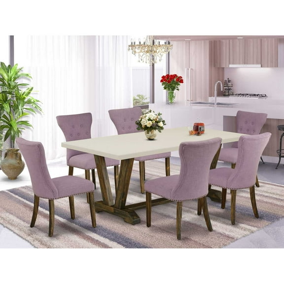 East West Furniture V727GA740-7 7-Pc Dining Table Set- 6 Parson Dining Chairs with Dahlia Linen Fabric Seat and Button Tufted Chair Back - Rectangular Table Top & Wooden Legs - Linen White and...