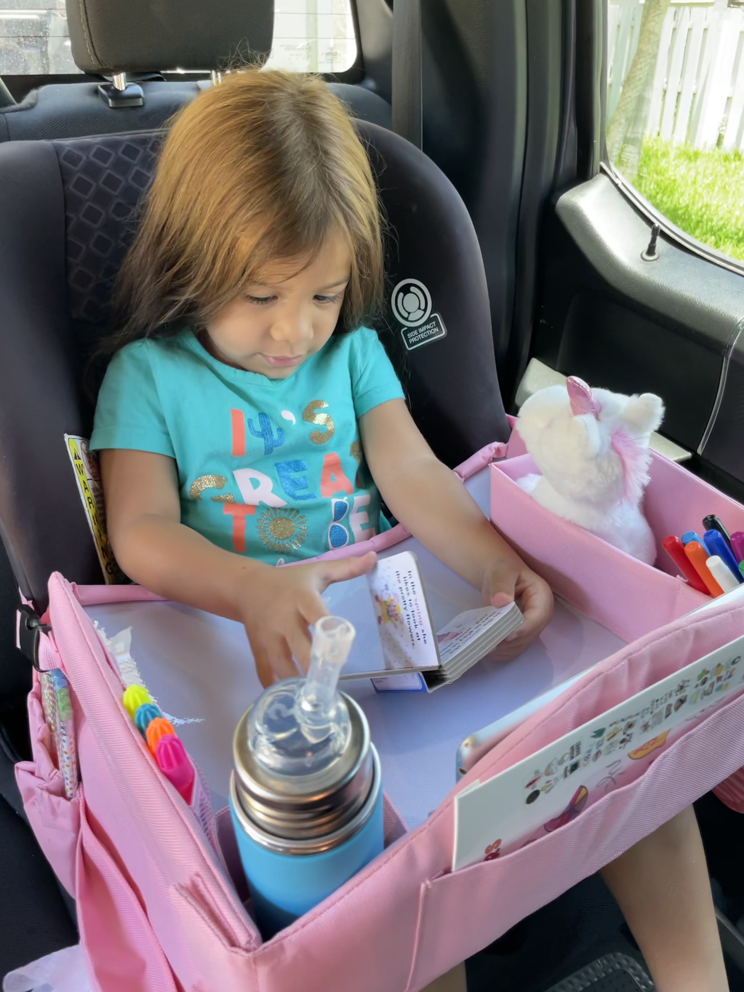 Kids Car Seat Travel Tray + Bonus Water Coloring Book Pink Bonus Car Headrest Tablet Holder |Activity & Stroller Lap Tray 