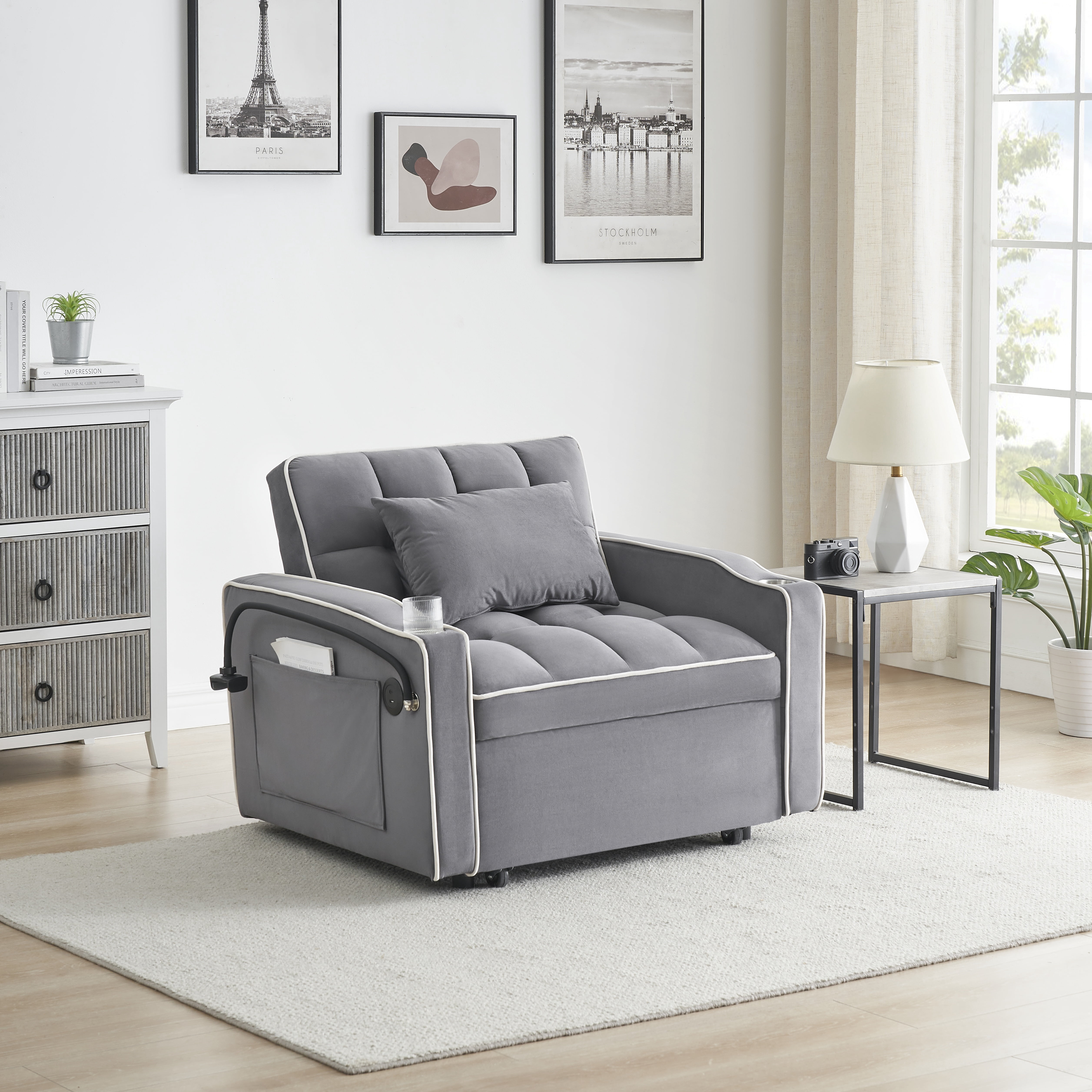 avobird 3 in 1 Convertible Chair Bed Sleeper, Pull Out Sofa Bed With adjustable back/USB port/ashtray/swivel phone stand, Gray Lines