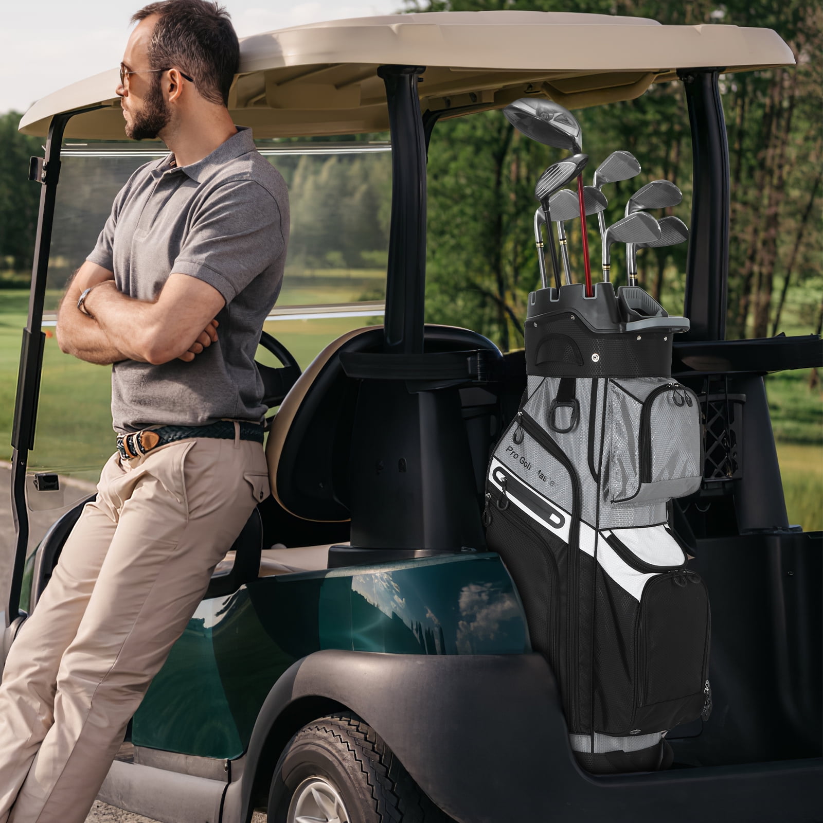 Golf Cart Bag, 14 Way Organizer Top Divider, Waterproof Nylon Golf Bag with 11 Pockets & Shoulder Strap, Heavy-Duty Collision-Resistant Frame, Unisex Golfing Gear for Men & Women