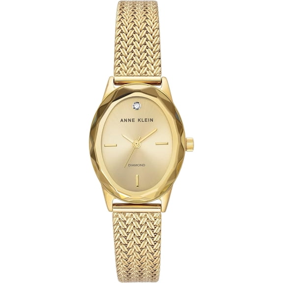 Anne Klein Gold-Tone Oval Champagne Sunray Facetted Crystal Mesh Ladies Watch