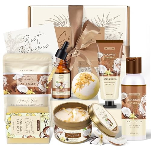 Gifts for Women Happy Birthday Gift Baskets, Bath and Body Gift Set Mothers Day Gifts, Vanilla Coconut Relaxing Home Spa Set Self Care Gift for Mom Sister Her Wife Grandma Girlfriend Friends
