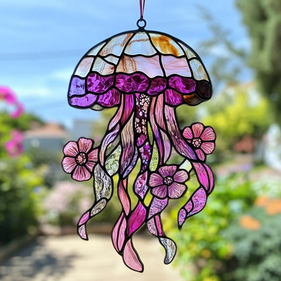 Jellyfish Acrylic Window Hanging, Ocean Wall Art, Coastal Home Decor, Blue Sea Lover Room Decoration Ocean Faux Stained Glass Suncatcher