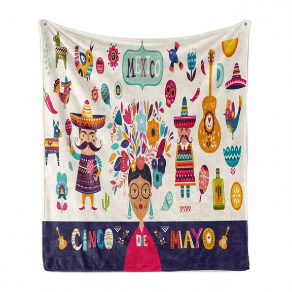 Cinco de Mayo Soft Flannel Fleece Throw Blanket, Mexican Cultural Graphic of Iconic Cultural Elements Colorful Style, Cozy Plush for Indoor and Outdoor Use, 50" x 70", Multicolor, by Ambesonne