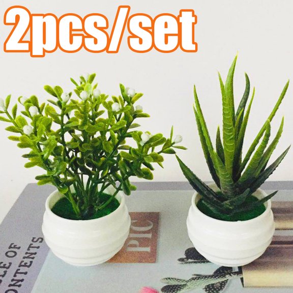Cheers.US 2Pcs/Set Artificial Potted Plants Mini Fake Plants, Small Plant Potted Faux Rosemary Green Decorative Plant with Plastic White Pot for Home Decor, Indoor, Office, Desk, Shelf
