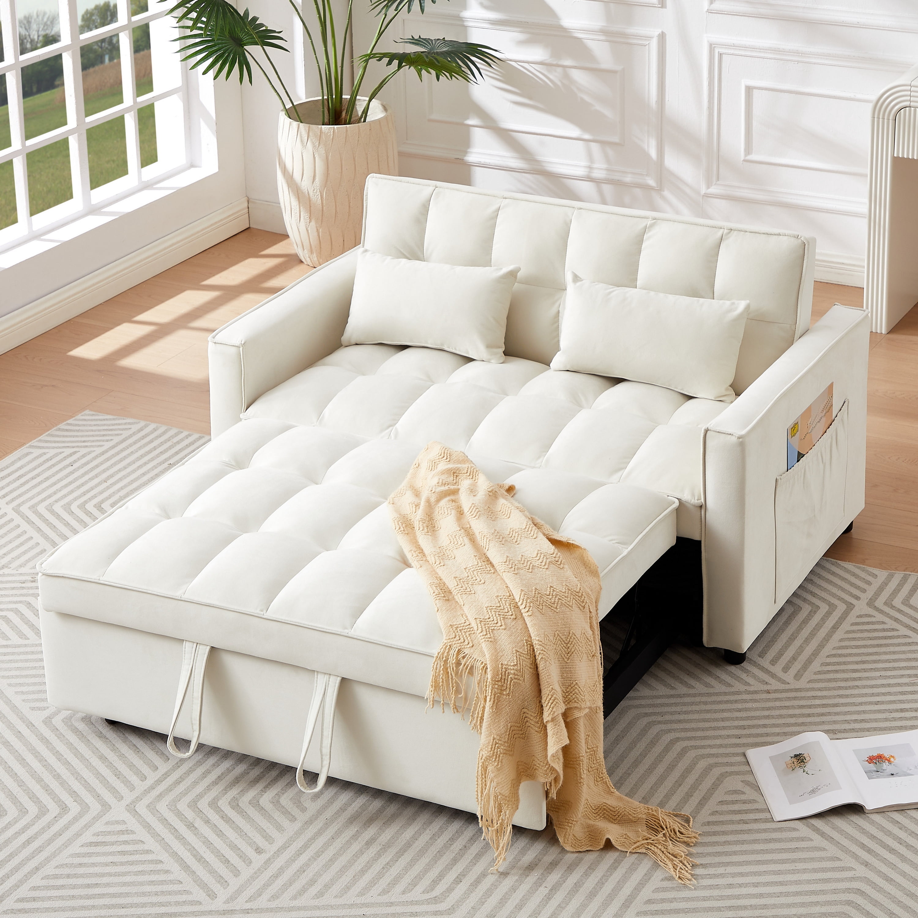 Gewnee 54" Velvet Upholstered Pull Out Sleeper Loveseat for Home,Office,Guest Room.Beige
