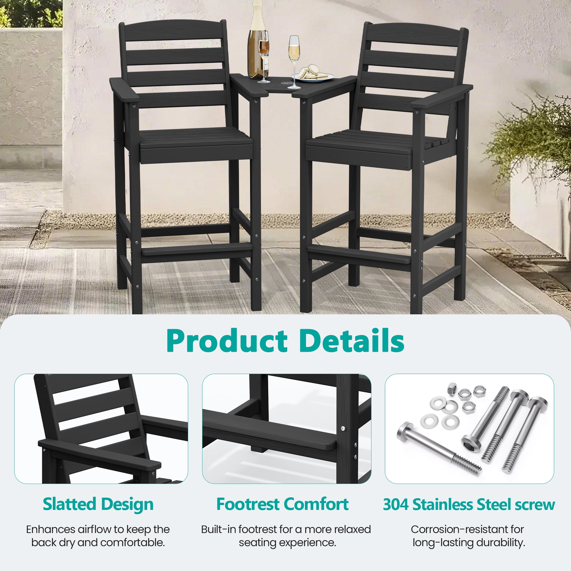 LOYALICE Balcony Chair Set of 2, Outdoor Adirondack Barstools with Connecting Tray, Black