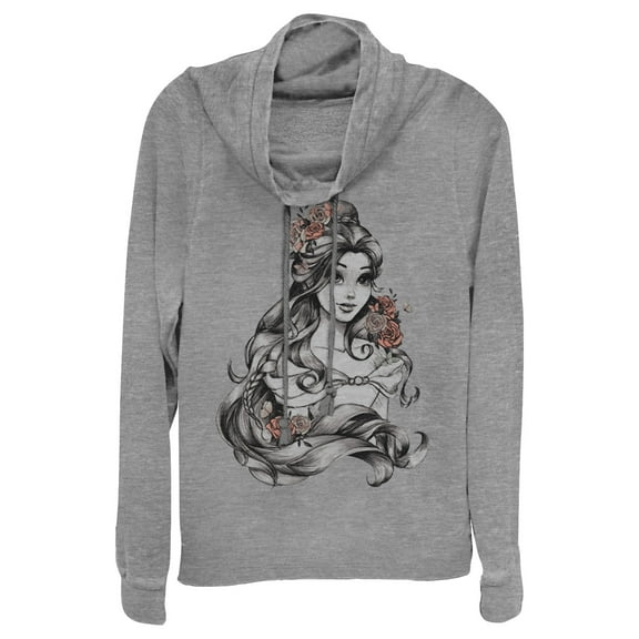 Junior's Beauty and the Beast Flowers  Cowl Neck Sweatshirt Gray Heather Large