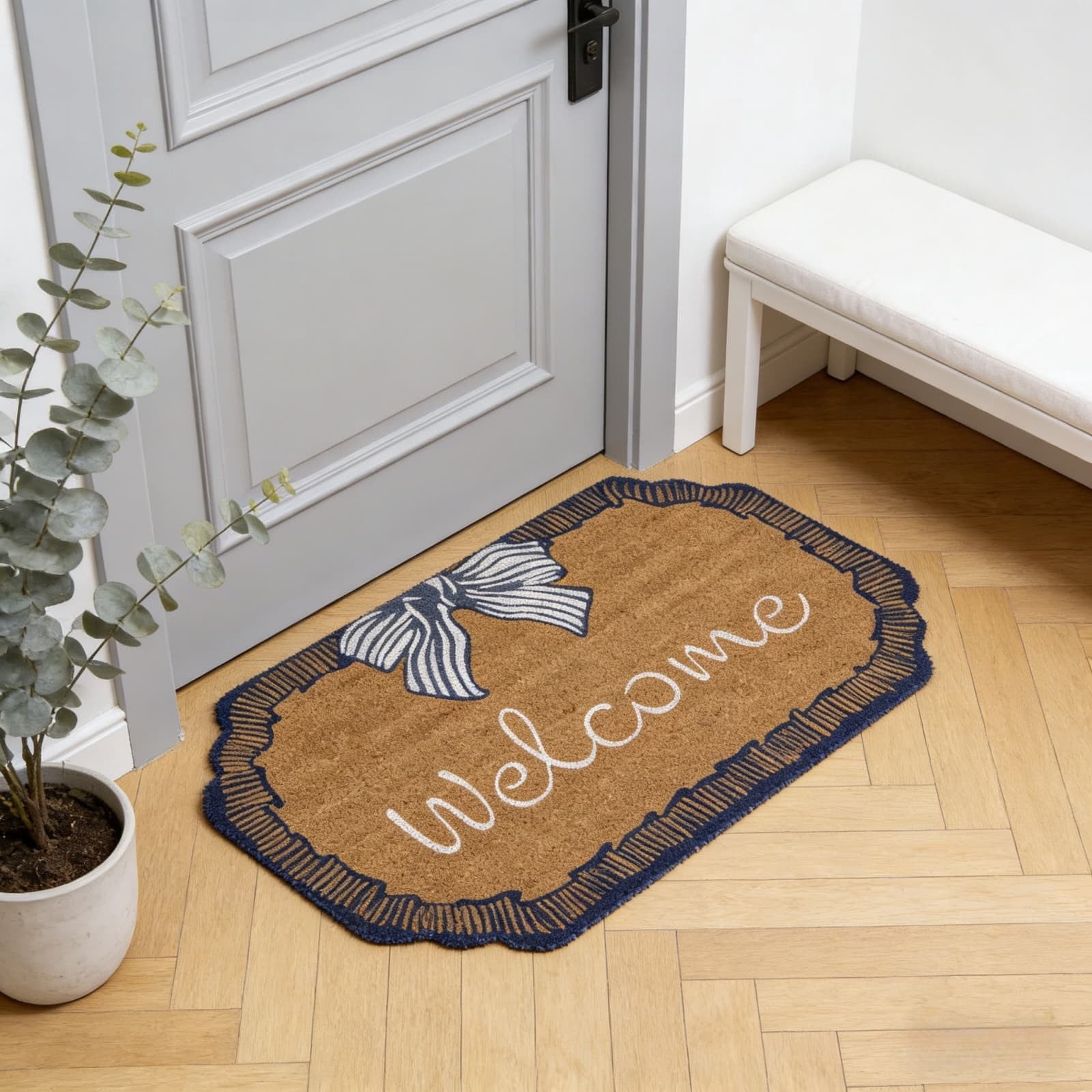 Bow Welcome Coir Outdoor Doormat, Blue and White, 30 x 47 Inches, Durable Non-Slip Front Door Mat, Decorative Entryway Rug for Home Entrance