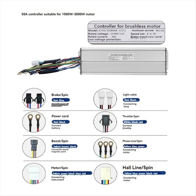 Controlador de Bicicleta Eléctrica de 50 A, 48 V/52 V, 18 Tubos, Controlador de Cuadrada para Conversión de Motor de Bicicleta Eléctrica para Pantalla LCD KT