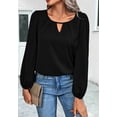 thumbnail image 2 of Solid Color Keyhole Front Pleated Round Neck Blouse for Women Black Large, 2 of 4