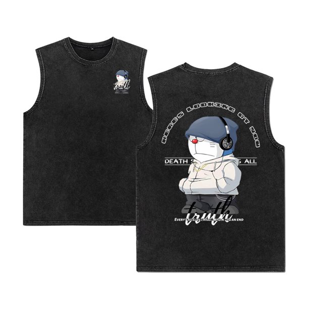 Camisetas Vintage sin mangas con estampado de gato de dibujos animados, camisetas Retro lavadas de manga corta, chaleco sin mangas de algodón puro, Tops de gran tamaño