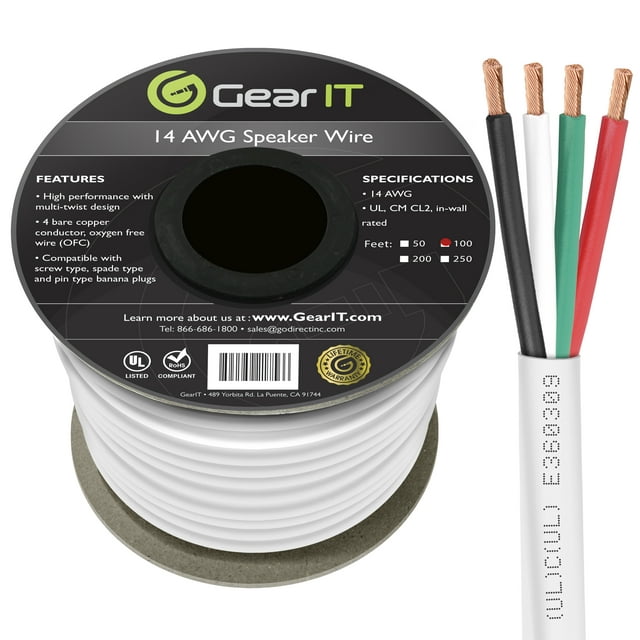 GearIT Pro Series 4-Conductor Speaker Wire OFC (99.9% Oxygen Free Copper) Speaker Wire CL2 Rated for In-Wall Speaker Cable