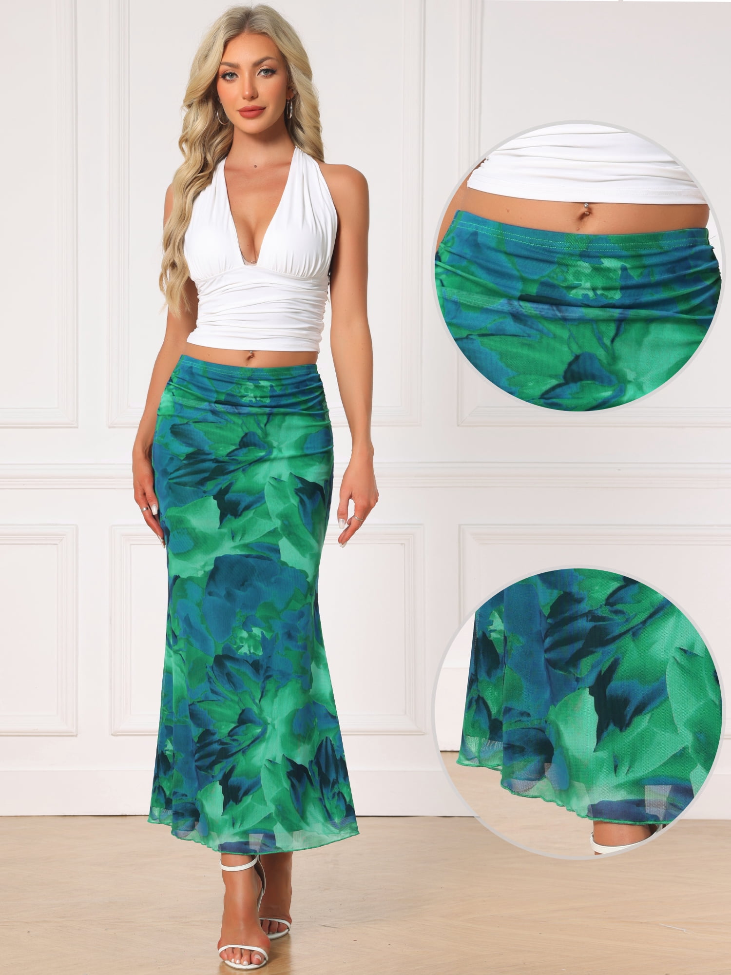 DARING DIVA Women's Floral Mesh Maxi 2026 High Waisted Boho Skirt XS Blue Green