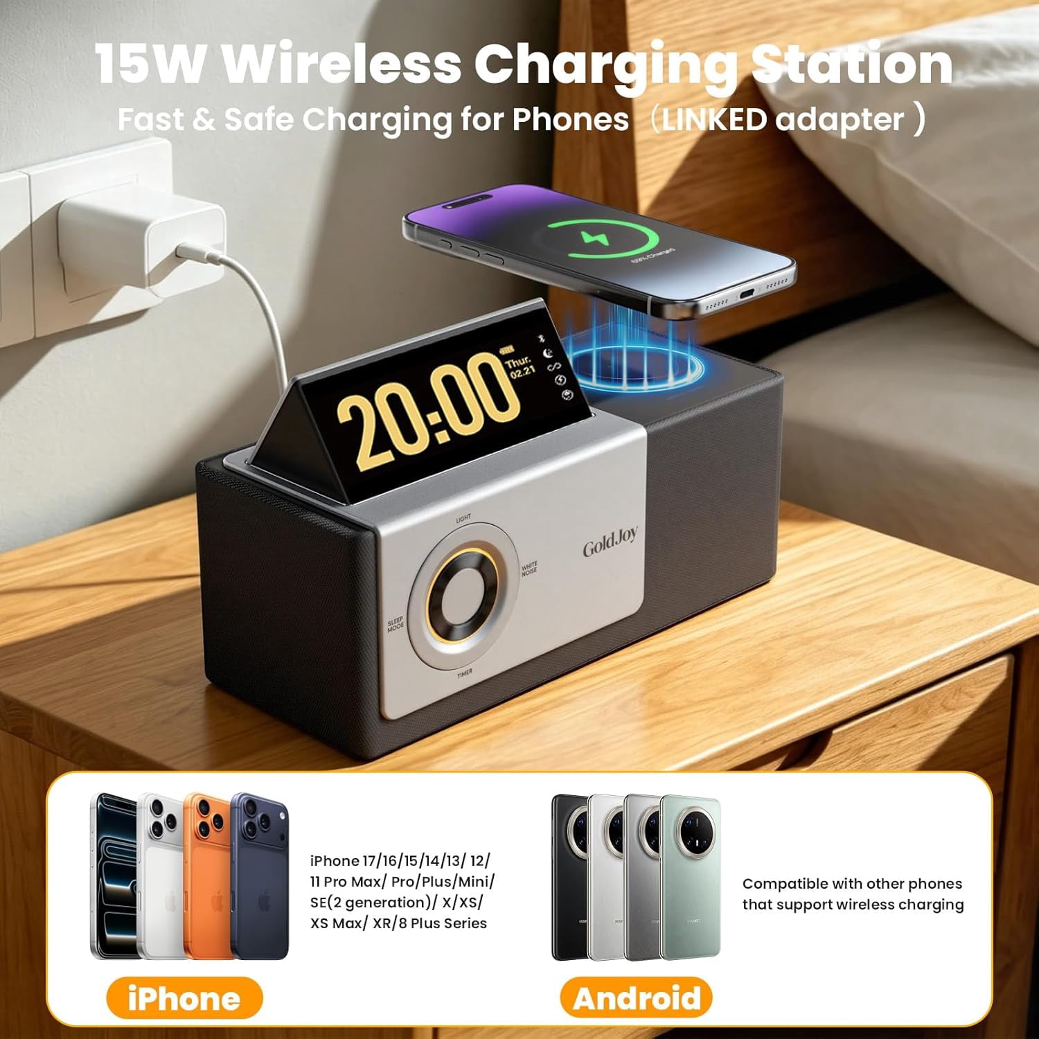 GoldJoy Flippable LCD Display Clocks, 7-in-1 Bluetooth Speaker, Wireless Charger, Sunset Lamp, White Noise, 4000mAh Battery