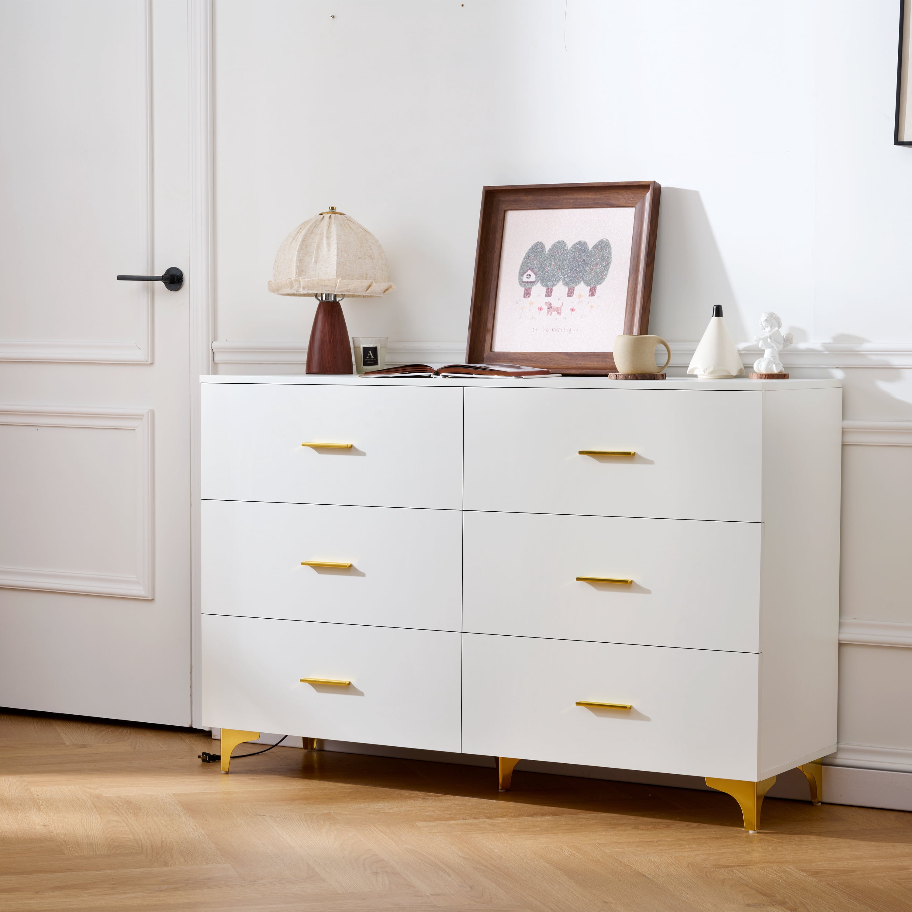 HOQBN 6 Drawer Dresser for Bedroom,Chest of Drawers withGold Handles & Metal Legs,Modern Chest of Drawers, Wooden Dresser TV Stand for Living Room, Hallway, Entryway, White