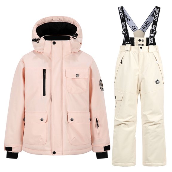 Toddler Snow Suit Children's Winter Thick Waterproof Windproof And Warm Lightweight Casual Comfortable Athletic Hooded Long Sleeved Top suspender Ski Pants Equipment Two-piece Set For Kids,3-14years