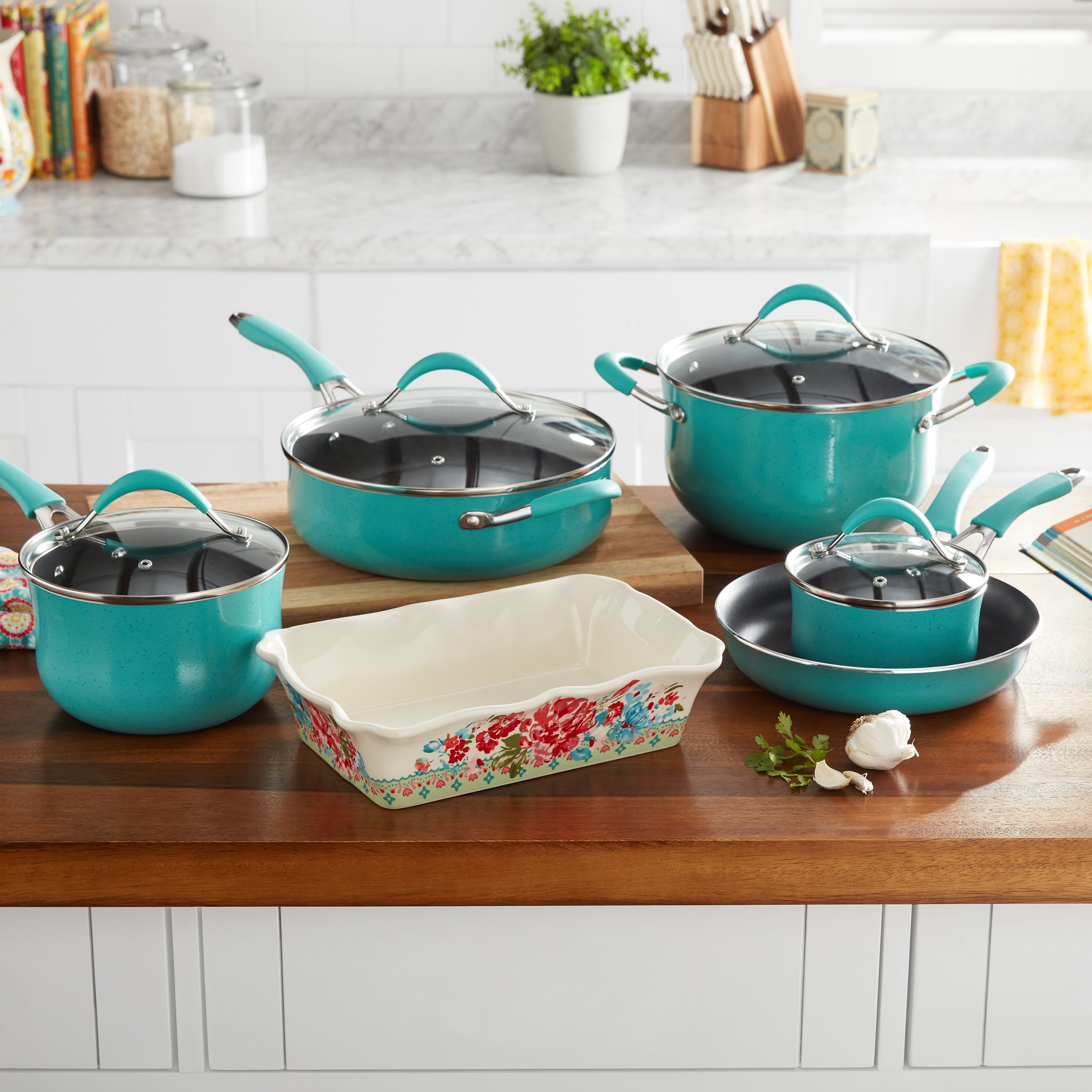 The Pioneer Woman Frontier Speckle 12-Piece Aluminum Cookware Set, Merlot